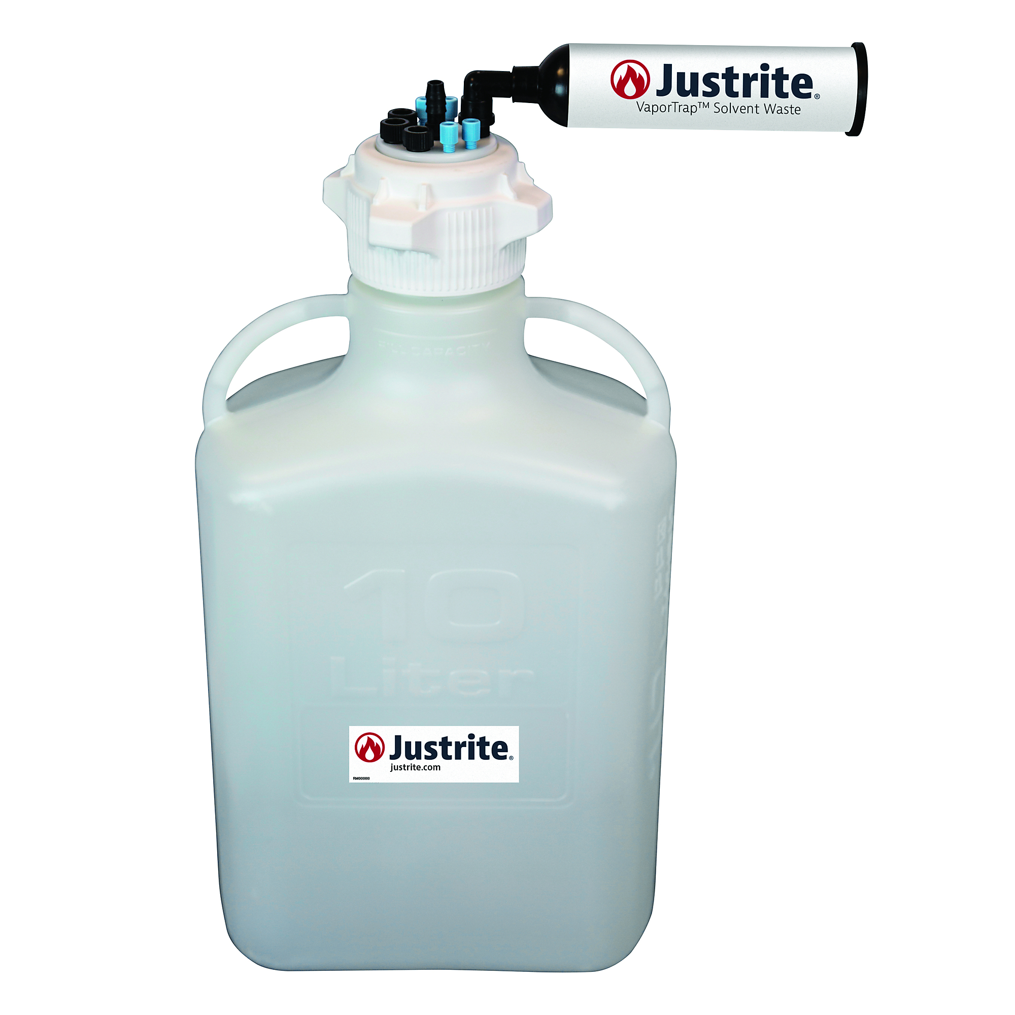 Justrite HDPE Carboy with Filter Kit — 10 Liters, VaporTrap, 83mm Cap, Multiple Ports, Model# 12822